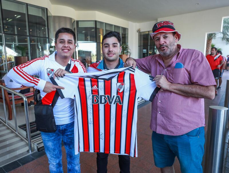 Al Ain, United Arab Emirates.  December 18, 2018.  River Plate Fans at the Hili Rayhaan by Rotana Hotel at Al Ain.
(L-R) Brian Arnez-27, Emiliano Olivetti-21 and Ricardo Olivetti-59 wait for their shuttle bus to the Hazza Bin Zayed Stadium.
Victor Besa / The National
Section:  SP
Reporter:  Daniel Sanderson