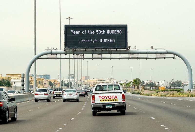 Abu Dhabi, United Arab Emirates, March 16, 2021.  5oth Year Anniversary of the UAE electronc signage along the Eastern Mangroves Road.
Victor Besa/The National
Section:  NA
FOR:  Stand Alone/ Big Picture