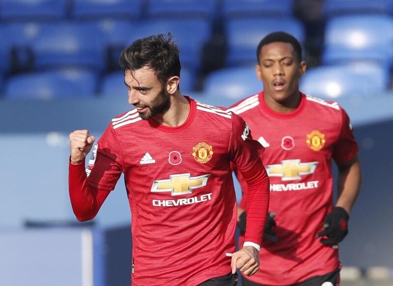 Bruno Fernandes after scoring the equaliser for Manchester United against Everton. EPA