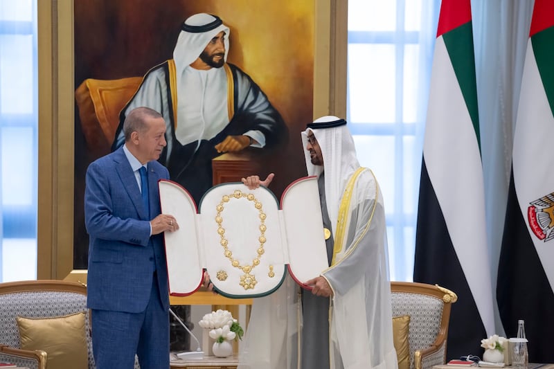 President Sheikh Mohamed and Mr Erdogan at Qasr Al Watan. Photo: UAE Presidential Court