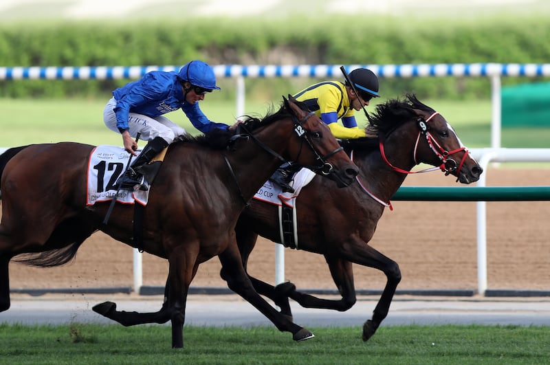 Christophe Lemaire guides Stay Foolish to victory in the Dubai Gold Cup at Meydan Racecourse on Saturday, March 26, 2022. Chris Whiteoak / The National