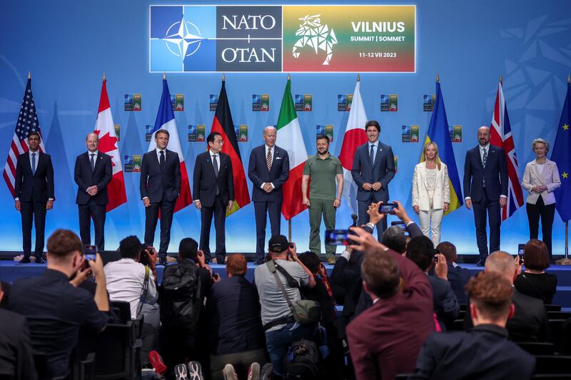 G7 leaders, President of the European Council Charles Michel, European Commission President Ursula von der Leyen and Ukraine's President Volodymyr Zelenskyy pose for a photo during an event to announce a Joint Declaration of Support to Ukraine during the Nato summit in Vilnius, Lithuania. Reuters