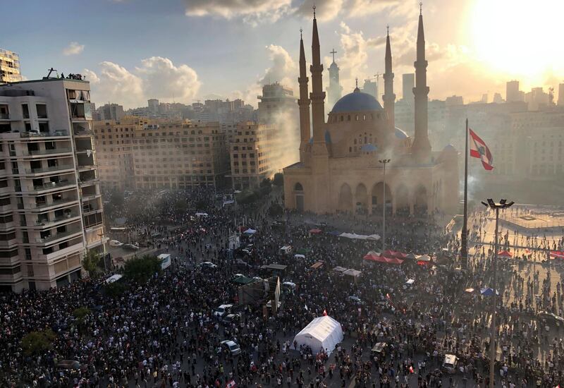 Demonstrators take part in a protest following Tuesday's blast in Beirut, Lebanon. Reuters