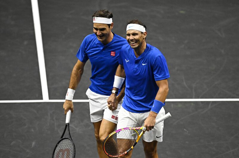 Team Europe's Rafael Nadal and Roger Federer during their doubles match against Team World's Jack Sock and Frances Tiafoe. Reuters