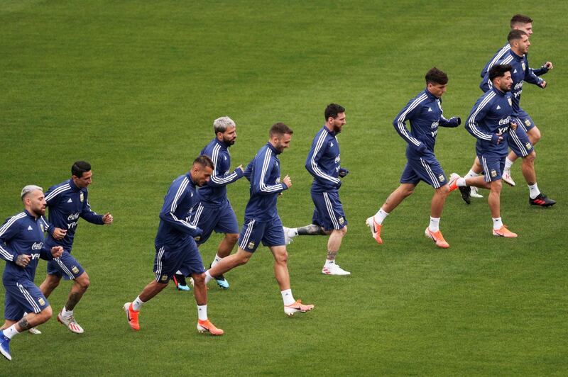 Argentina players take part in training exercises at the Pacaembu Stadium. Reuters