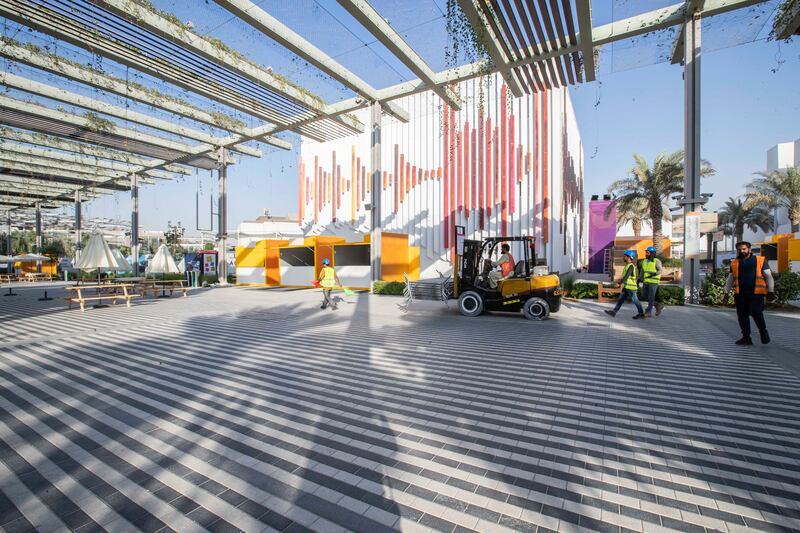 The fan zone at Expo City Dubai under construction during the countdown to the World Cup. Ruel Pableo for The National