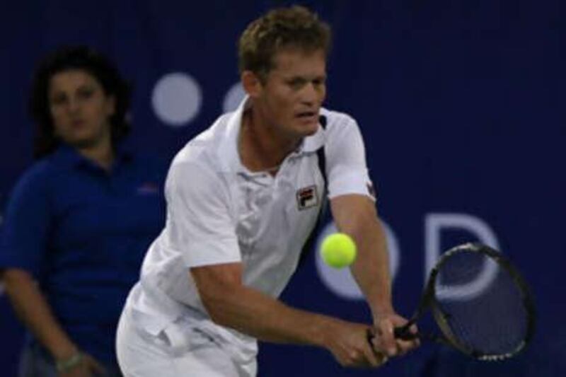 Wayne Ferreira in action during a Legends Rock Dubai tennis match at the Aviation Club on Nov 19 2008.