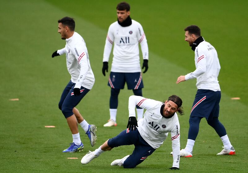 Sergio Ramos trains at PSG's Camp des Loges training ground in Saint-Germain-en-Laye. AFP