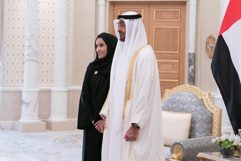 ABU DHABI, UNITED ARAB EMIRATES - March 10, 2019: HH Sheikh Mohamed bin Zayed Al Nahyan, Crown Prince of Abu Dhabi and Deputy Supreme Commander of the UAE Armed Forces (R and HE Sara Awad Issa Musallam, Chairperson of the Department of Education and Knowledge and Abu Dhabi Executive Council Member (L) stand for a photograph the swearing-in ceremony for new members of the Abu Dhabi Executive Council, at the Presidential Palace.

( Mohamed Al Hammadi / Ministry of Presidential Affairs )
---