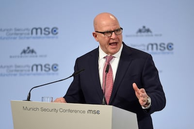 H.R. McMaster, U.S. National Security Advisor speaks at the Security Conference in Munich, Germany, Saturday, Feb. 17, 2018. (Andreas Gebert/dpa via AP)