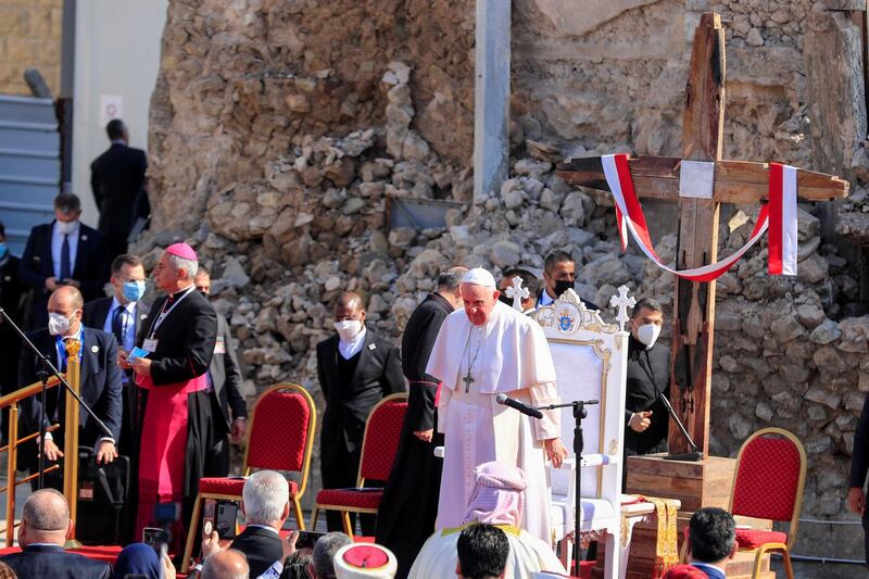 Pope Francis arrives to pray for war victims at 'Hosh al-Bieaa', Church Square, in Mosul's Old City, Iraq, March 7, 2021. REUTERS/Khalid al-Mousily