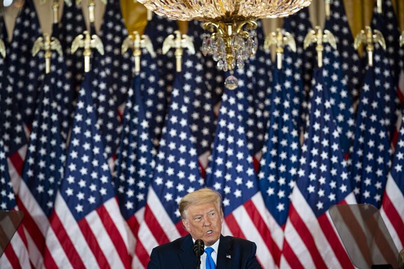 U.S. President Donald Trump speaks during an election night party in the East Room of the White House in Washington, D.C., U.S., on Wednesday, Nov. 4, 2020. Trump falsely declared early Wednesday he had won re-election against Joe Biden and said he would ask the Supreme Court to intervene, even as several battleground states continue to count votes.