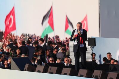 Turkish President Recep Tayyip Erdogan addresses an Istanbul rally in solidarity with Palestinians in Gaza, in October 2023. Reuters