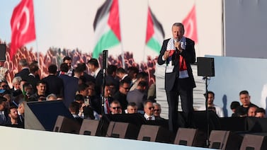 Turkish President Tayyip Erdogan speaks during a rally in solidarity with Gazans in Istanbul last October. Reuters