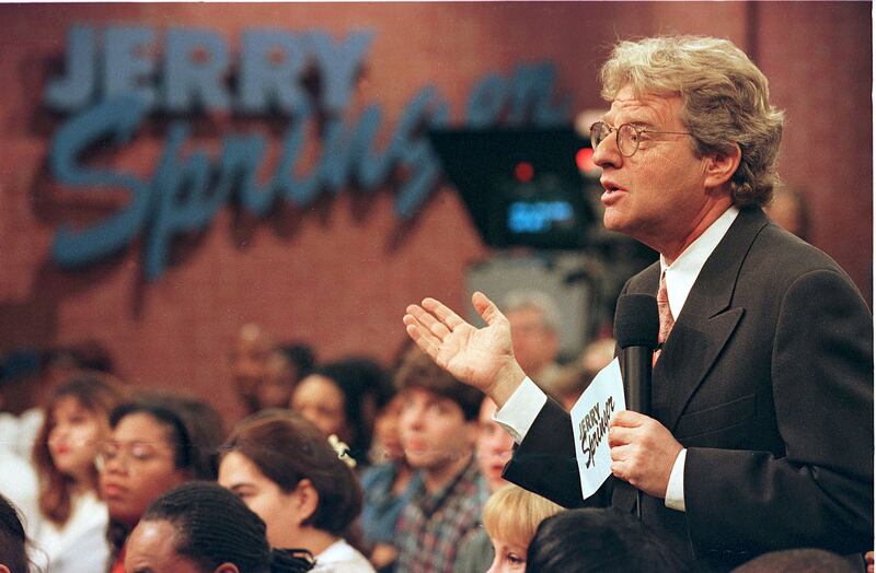 Jerry Springer Speaks To Guests During His Show December 17, 1998. The Show Which Features Violent Outbrusts And Adult Content Has Been Soaring In The Ratings.  (Photo By Getty Images)