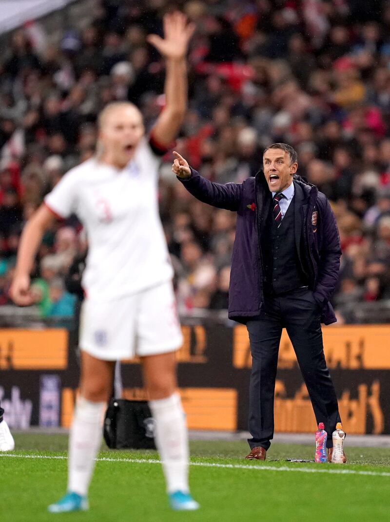 England manager Phil Neville gestures on the touchline during a friendly at Wembley Stadium in 2019. PA