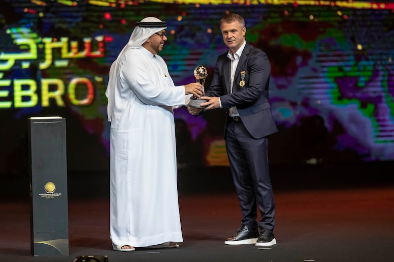 Al Ain manager Serhiy Rebrov picks up the prize for Best Coach at the UAE Pro League Awards Ceremony at Emirates Palace. Antonie Robertson/The National
