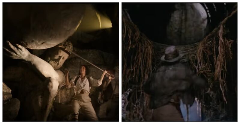 The famous rolling boulder scene from Raiders of the Lost Ark, right, is echoed in the latest movie