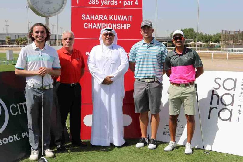 Yousef Abdulaziz Al Qatami, centre, member of Sahara Kuwait’s golf advisory committee, with Rod Bogg, second left, of Mena Golf Tour, and Saudi Arabia amateurs Ali Alsakha, Khaled Attieh and Othman Almulla. Courtesy 