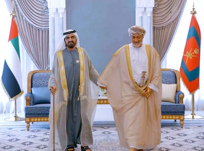 Sheikh Mohammed bin Rashid Al Maktoum meets with Sultan Haitham of Oman. WAM