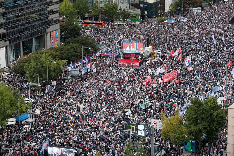 South Korean protesters gather during a rally against the government at Gwanghwamun square in Seoul, South Korea. EPA