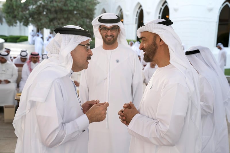 ABU DHABI, UNITED ARAB EMIRATES - November 12, 2018: HH Sheikh Mohamed bin Zayed Al Nahyan Crown Prince of Abu Dhabi Deputy Supreme Commander of the UAE Armed Forces (R), receives executives from top international and regional oil and gas companies, during a Sea Palace barza. Seen with HE Dr Sultan Ahmed Al Jaber, UAE Minister of State, Chairman of Masdar and CEO of ADNOC Group (C).
( Hamad Al Kaabi / Ministry of Presidential Affairs )?
---