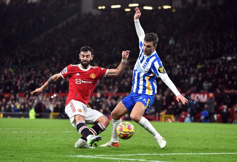 Manchester United's Bruno Fernandes scores their second goal. Reuters