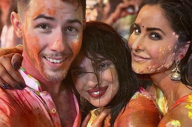 Nick Jonas, Priyanka Chopra and Katrina Kaif at Isha Ambani's Holi bash on Friday, March 6. Instagram/ @nickjonas