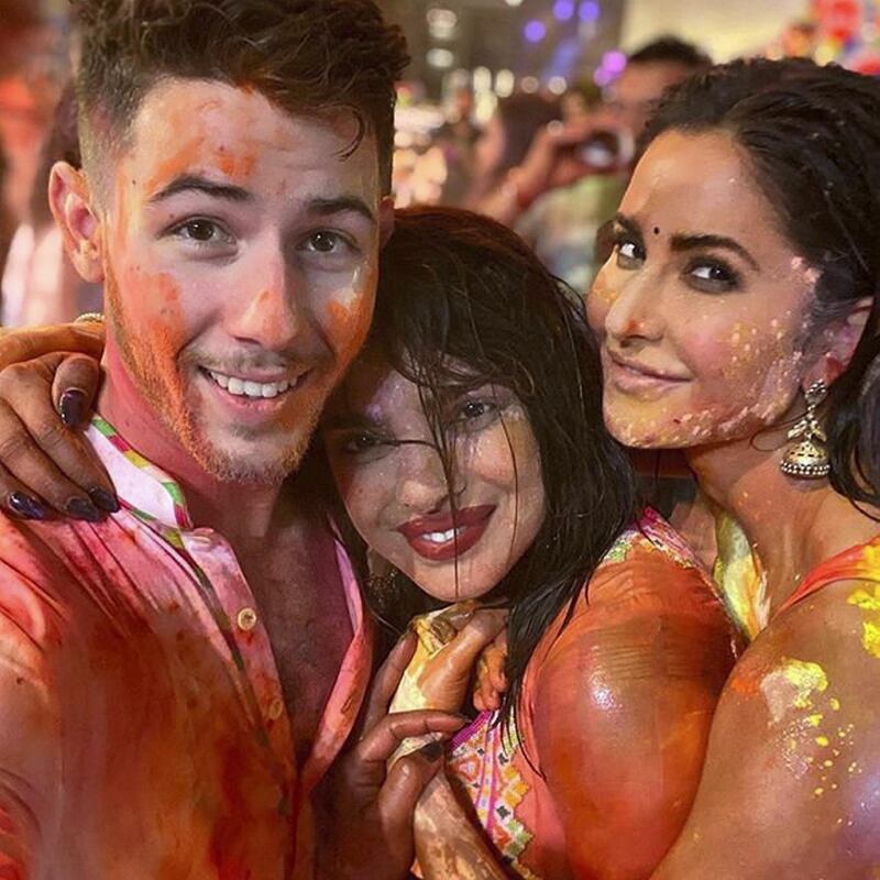 Nick Jonas, Priyanka Chopra and Katrina Kaif at Isha Ambani's Holi bash on Friday, March 6. Instagram/ @nickjonas