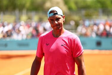 MADRID, SPAIN - MAY 01: Rafael Nadal of Spain shows his emotion during a practice session on day four of the Mutua Madrid Open at La Caja Magica on May 01, 2022 in Madrid, Spain. (Photo by Clive Brunskill / Getty Images)
