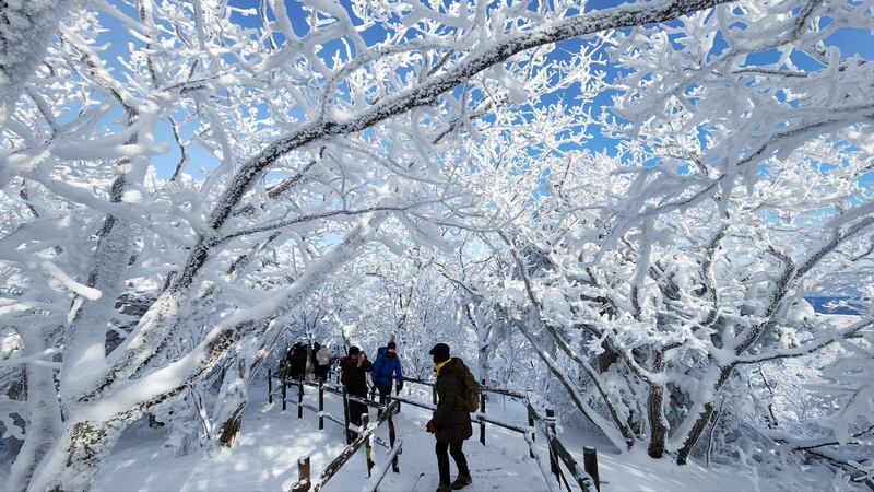 Visitors enjoy the glistening landscape after 20cm of snow fell in Mount Deokyu National Park in Muju, North Jeolla Province, South Korea.  EPA