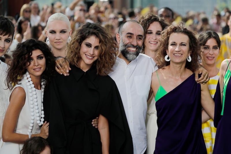 Lebanese fashion designer Rabih Kayrouz on stage at Maison Rabih Kayrouz's autumn / winter 2019 / 2020 Haute Couture show. AFP