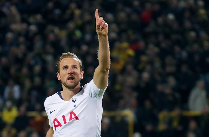 epa07416142 Tottenham's Harry Kane celebrates after scoring the opening goal during the UEFA Champions League round of 16, second leg soccer match between Borussia Dortmund and Tottenham Hotspur in Dortmund, Germany, 05 March 2019.  EPA/ARMANDO BABANI