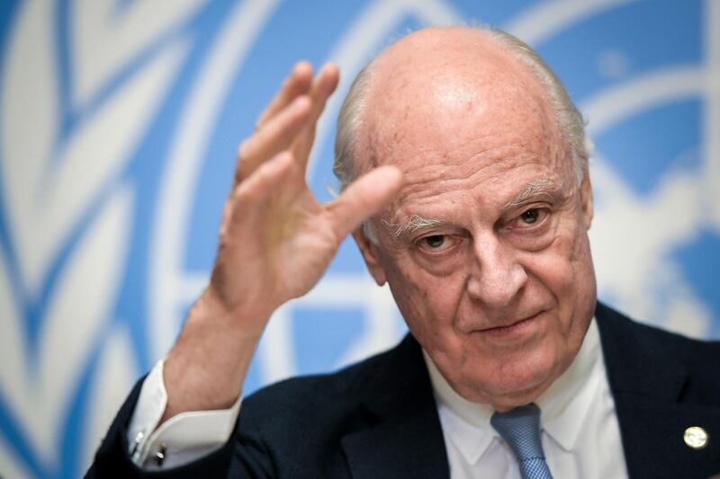 (FILES) This file photo taken on December 14, 2017 shows UN Special Envoy for Syria Staffan de Mistura arriving to a press conference closing a round of Intra Syria peace talks at the European headquarters of the United Nations offices in Geneva. The United Nations envoy for Syria announced on October 17, 2018 he will step down at the end of November after more than four years in the key post, setting back UN efforts to end the seven-year war in Syria.
 - 
 / AFP / Fabrice COFFRINI
