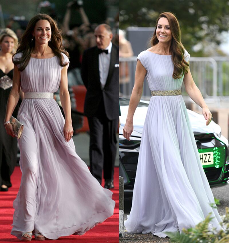 Kate Middleton, Duchess of Cambridge wore an Alexander McQueen dress that she was previously seen in at the Bafta Brits to Watch event in Los Angeles on July 9, 2011 (left). Getty Images