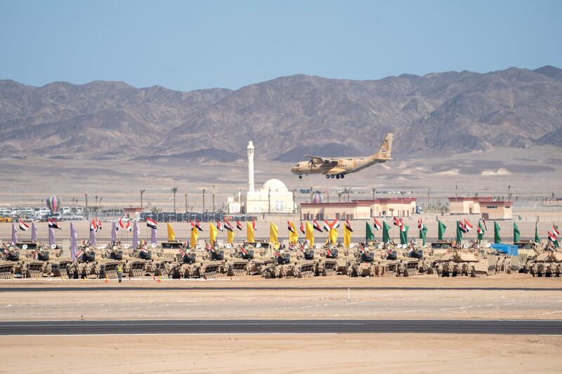 BERENICE, EGYPT - January 15, 2020: Egyptian military aircraft performs during the opening ceremony of Berenice Military Base.

( Mohamed Al Hammadi / Ministry of Presidential Affairs )
—