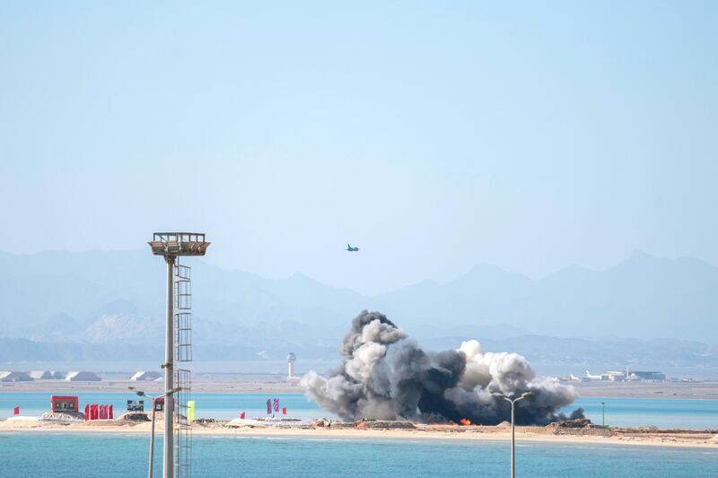 BERENICE, EGYPT - January 15, 2020: Egyptian military aircraft performs during the opening ceremony of Berenice Military Base.

( Mohamed Al Hammadi / Ministry of Presidential Affairs )
—