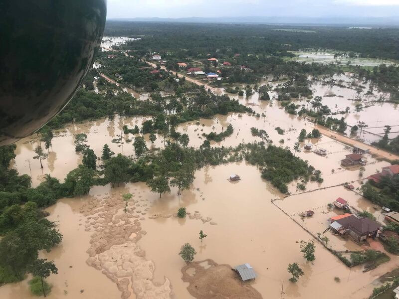 Aerial view shows the flooded area after a dam collapsed in Attapeu province, Laos. Reuters