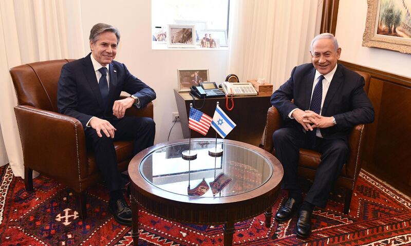 US Secretary of State Antony Blinken meets Israeli Prime Minister Benjamin Netanyahu on the first leg of his four-day trip to the Middle East, in Tel Aviv, Israel. Getty Images