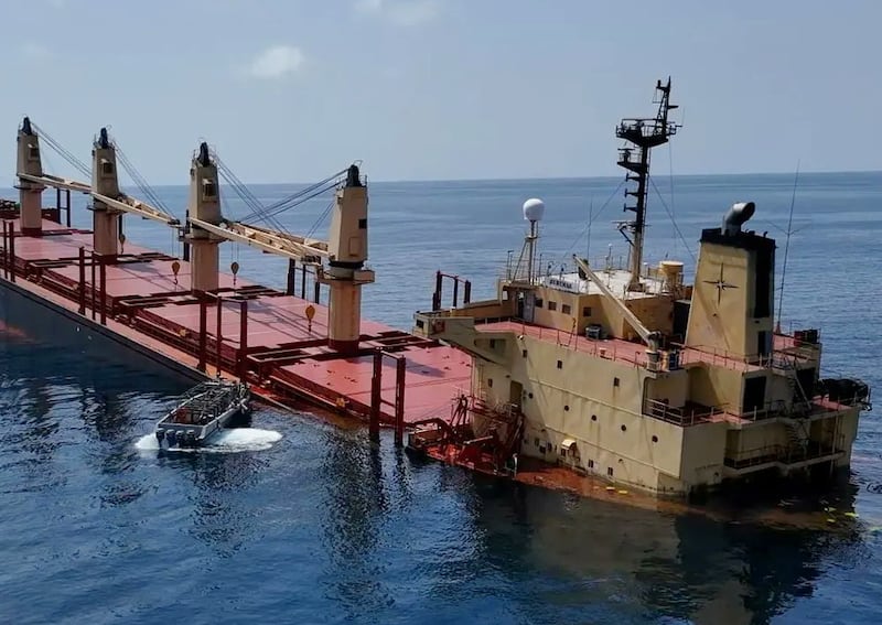 The half-submerged Rubymar which was damaged in a Houthi missile attack in the Red Sea off Yemen. EPA