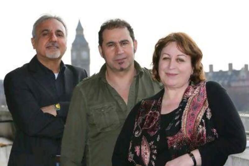 Iraqi authors from left; Samuel Shimon, Ali Bader and Inaam Kachachi at the Southbank Centre in London.