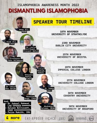 Tweets from the Federation of Student Islamic Societies, which is holding a UK university tour with groups accused of undermining the UK’s counterextremism strategy. Photo: Twitter