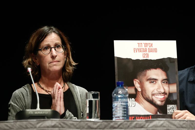 Galya David, the mother of hostage Evyatar David, takes part in the 'Bring them home' event organised by the Greek Israeli Community in Athens. EPA