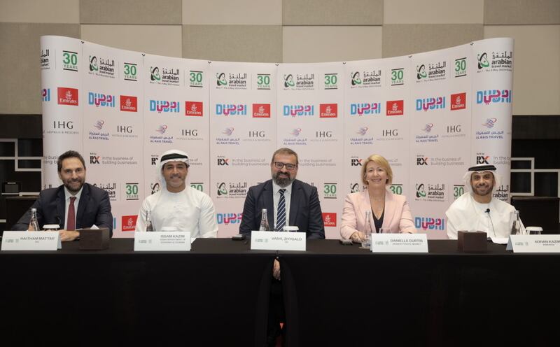 Officials at a press conference in Dubai giving details on this year’s expanded Arabian Travel Market, which opens on Monday. Wam