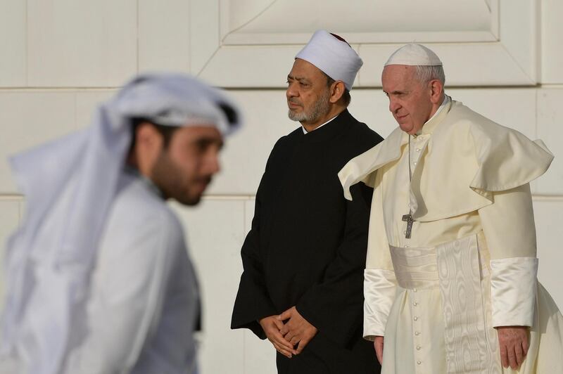 Pope Francis and Dr Ahmed Al Tayeb, the Grand Imam of Al Azhar stand for a photo outside Sheikh Zayed Grand Mosque. Reuters