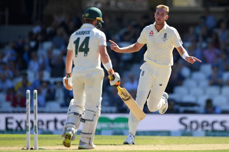 England's Stuart Broad celebrates after clean bowling Australia batsman Marcus Harris at The Oval. AFP