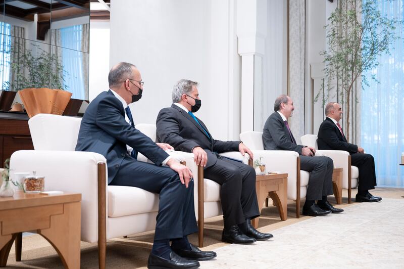 The officials from Jordan attend the meeting at Al Shati Palace. Prime Minister Bishr Al Khasawneh, Minister of Foreign Affairs Ayman Safadi and others accompanied King Abdullah.