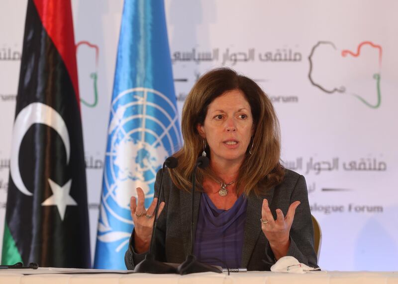 epa08823223 UN acting envoy to Libya Stephanie Williams speaks during a press conference in Tunis, Tunisia on 15 November 2020. Williams told media 'The delegates reached a preliminary roadmap for ending the transitional period and organising free, fair, inclusive and credible presidential and parliamentary elections'.  EPA/MOHAMED MESSARA