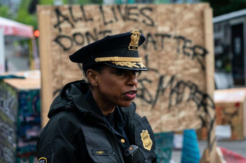 Seattle Police Chief Carmen Best addresses the press as city crews dismantle the Capitol Hill Organized Protest. AFP