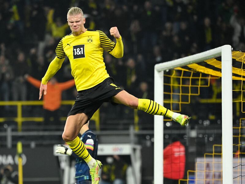 Dortmund's Norwegian forward Erling Haaland celebrates scoring in the Bundesliga match against Greuther Fuerth in December, 2021. AFP